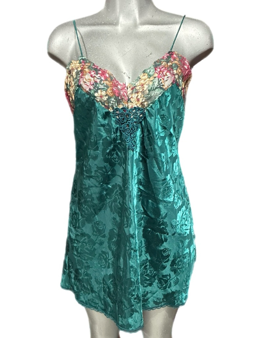 Val Mode Vintage Satin Floral Slip Dress Fairycore Lace Trim Indie Turquoise Med